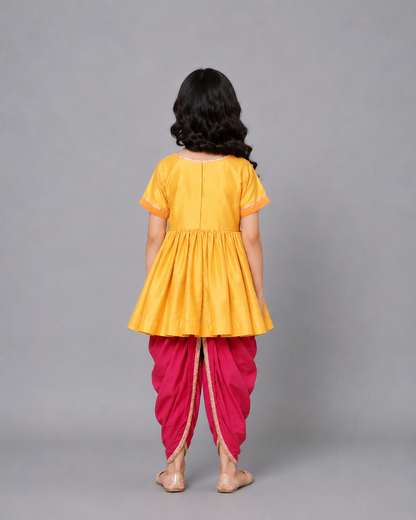 Yellow Krishna embroidered Kurta Dhoti