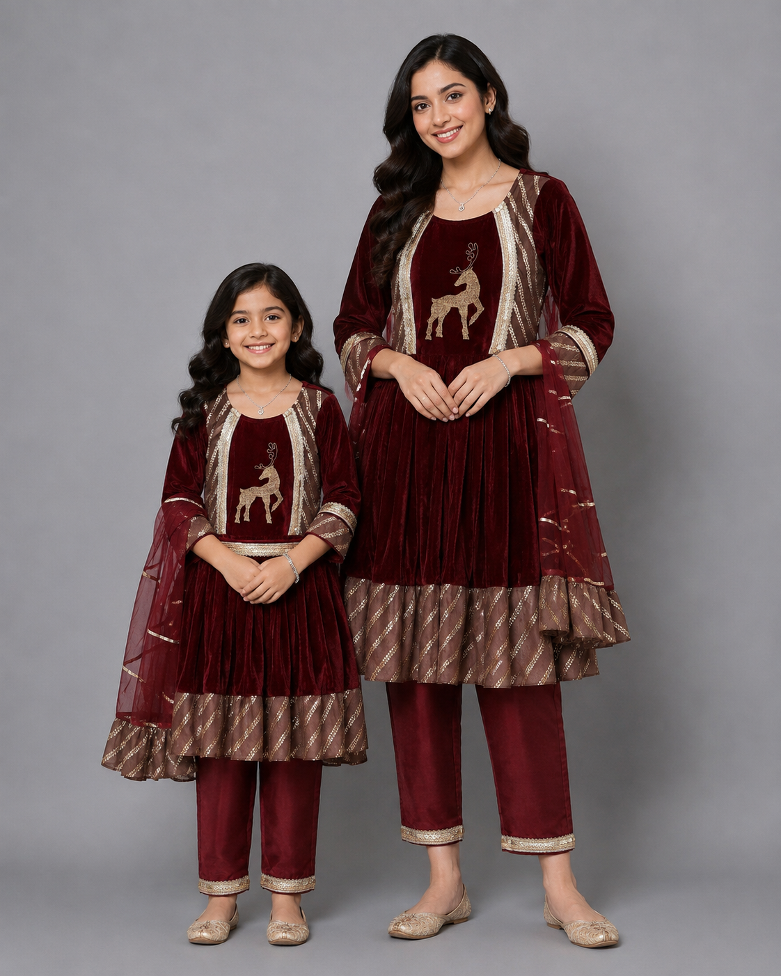 Maroon Velvet Embroidered Anarkali Pants with Net Dupatta