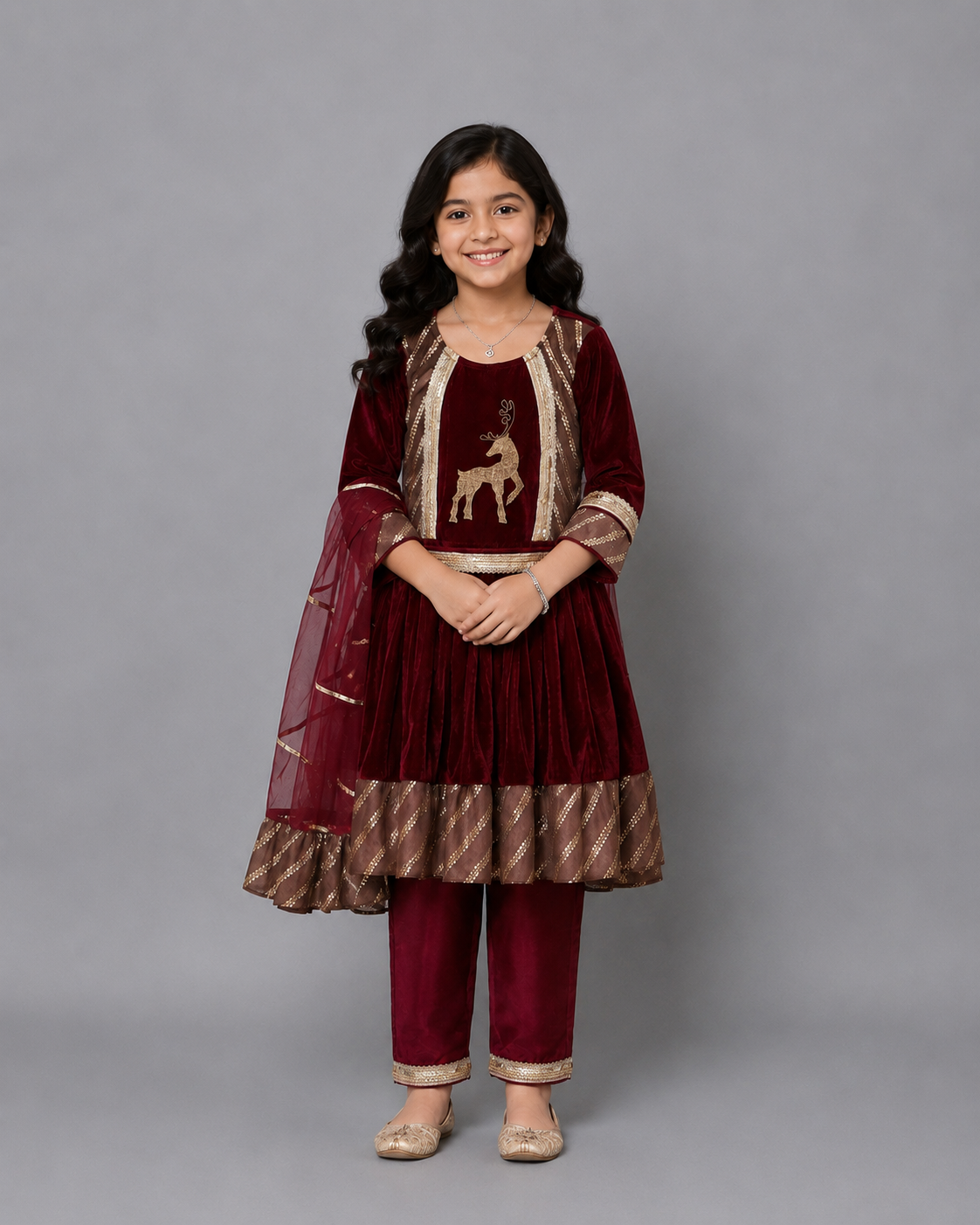 Maroon Velvet Embroidered Anarkali Pants with Net Dupatta