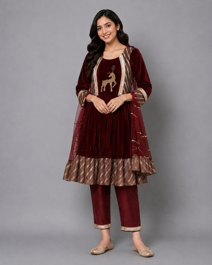 Maroon Velvet Embroidered Anarkali Pants with Net Dupatta
