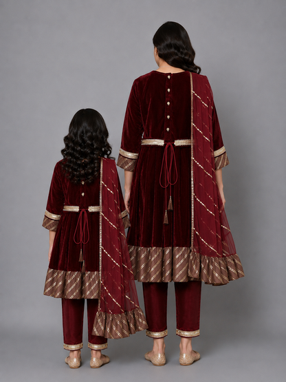 Maroon Velvet Embroidered Anarkali Pants with Net Dupatta