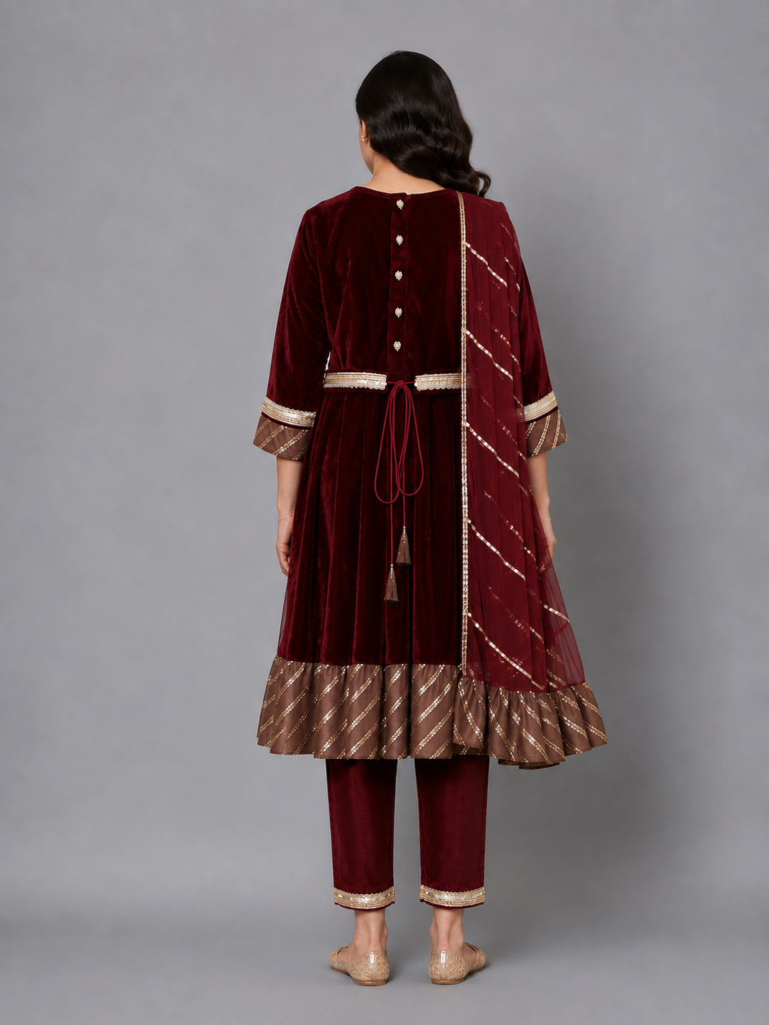Maroon Velvet Embroidered Anarkali Pants with Net Dupatta