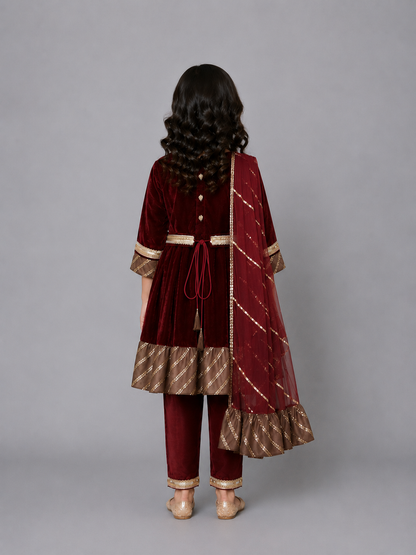 Maroon Velvet Embroidered Anarkali Pants with Net Dupatta
