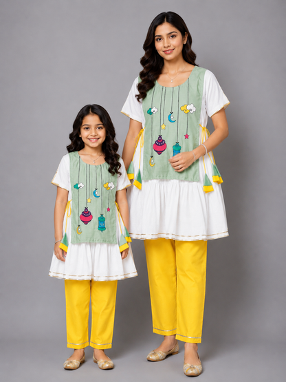 Eid Embroidered Green White Frock Pyjama set