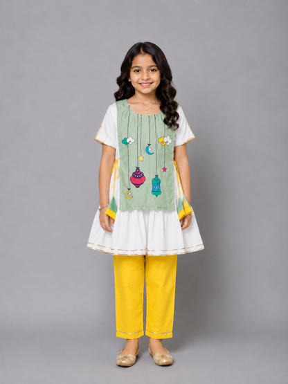 Eid Embroidered Green White Frock Pyjama set