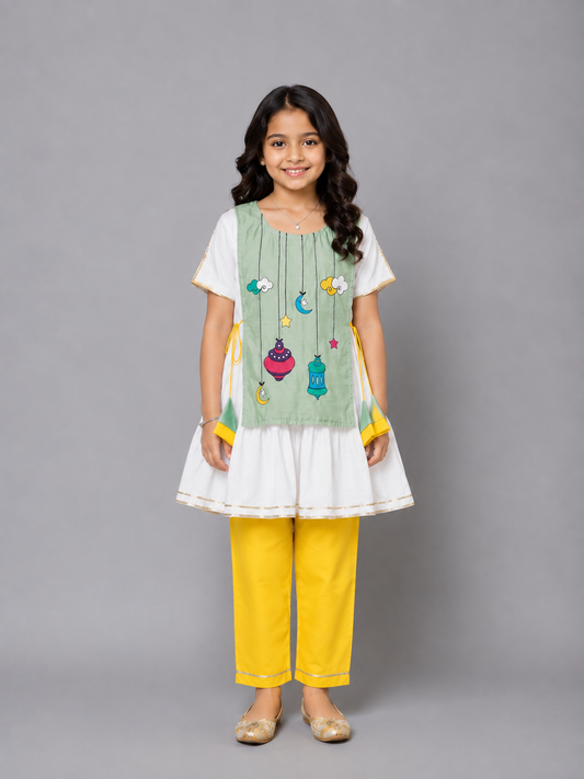 Eid Embroidered Green White Frock Pyjama set