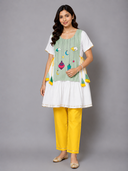 Eid Embroidered Green White Frock Pyjama set