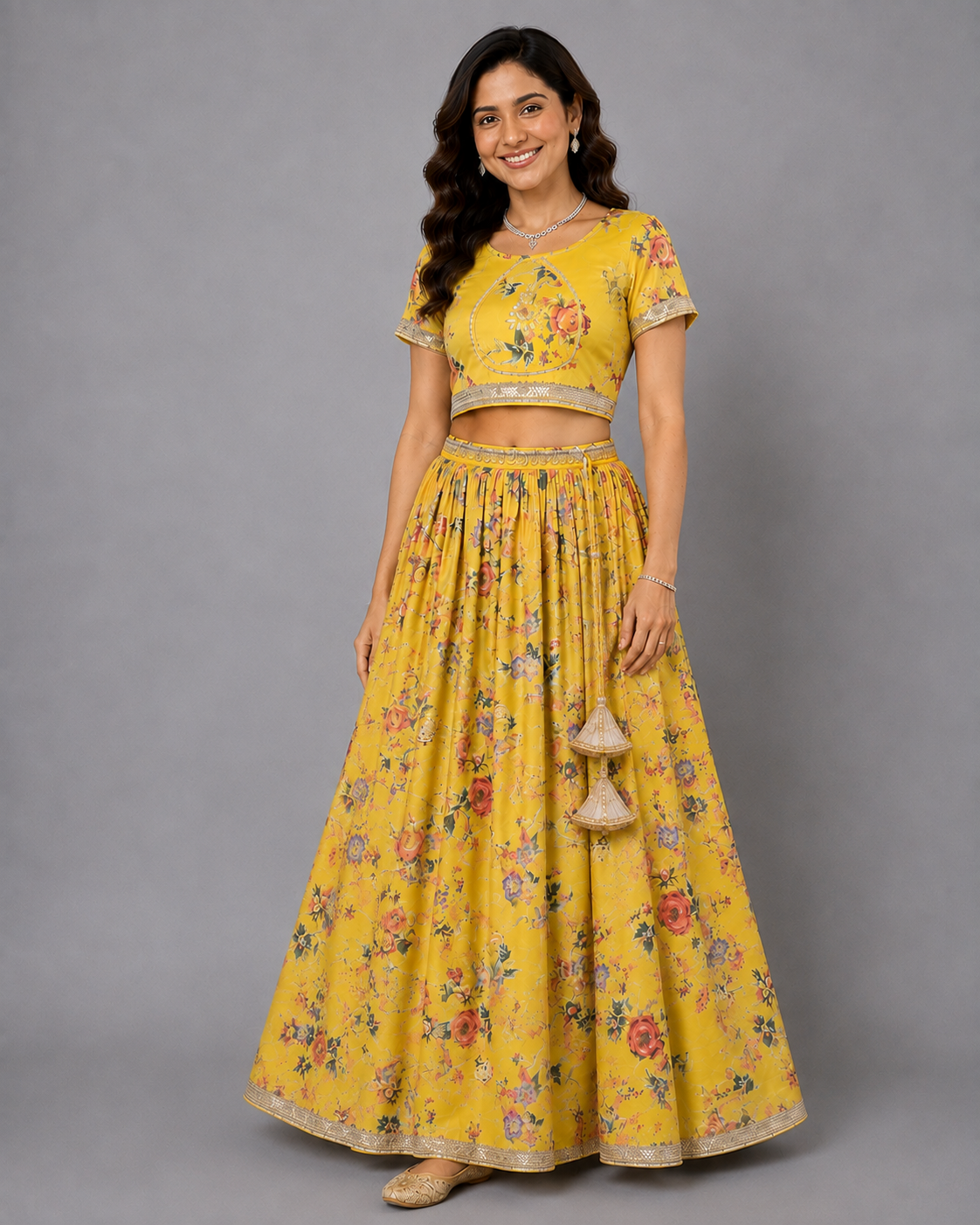 Yellow floral printed Lehnga set