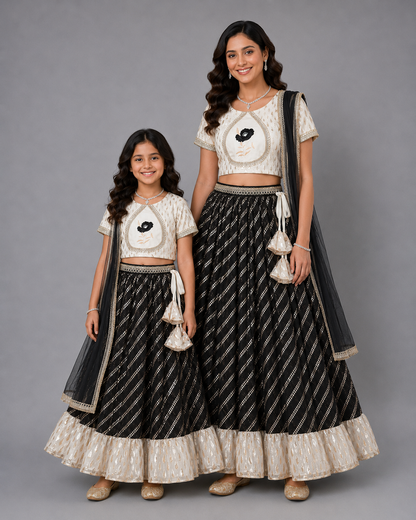 Offwhite Black  embroidered Chanderi lehnga set