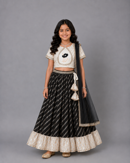 Offwhite Black  embroidered Chanderi lehnga set