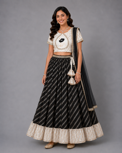 Offwhite Black  embroidered Chanderi lehnga set