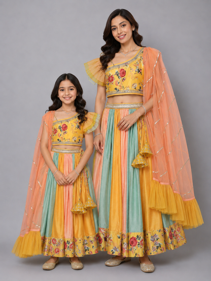 Yellow Floral Printed off Shoulder lehnga Set