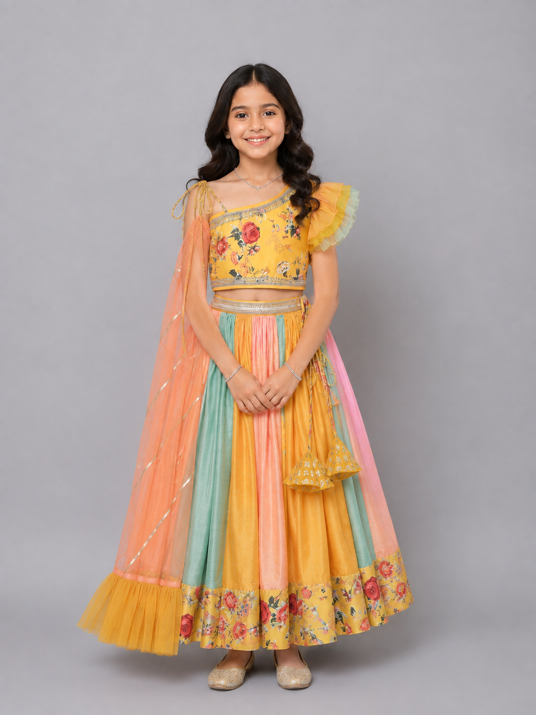 Yellow Floral Printed off Shoulder lehnga Set