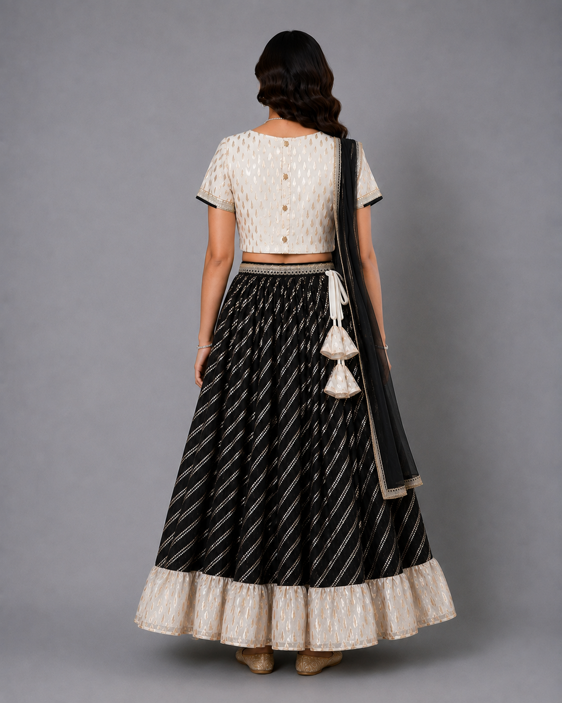 Offwhite Black  embroidered Chanderi lehnga set