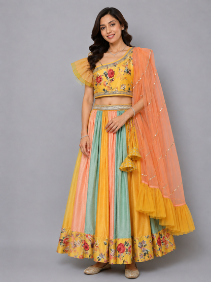 Yellow Floral Printed off Shoulder lehnga Set