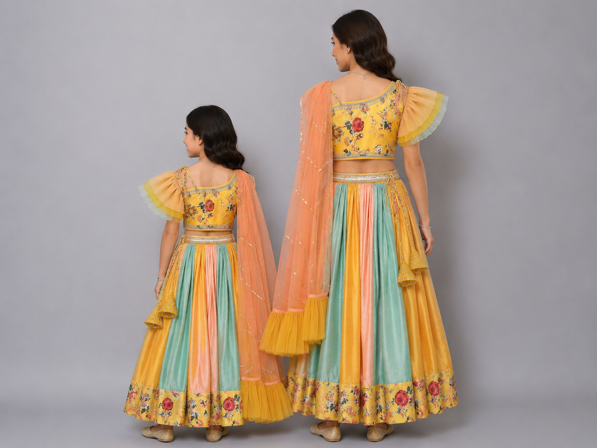 Yellow Floral Printed off Shoulder lehnga Set