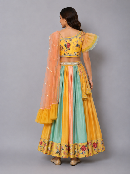Yellow Floral Printed off Shoulder lehnga Set