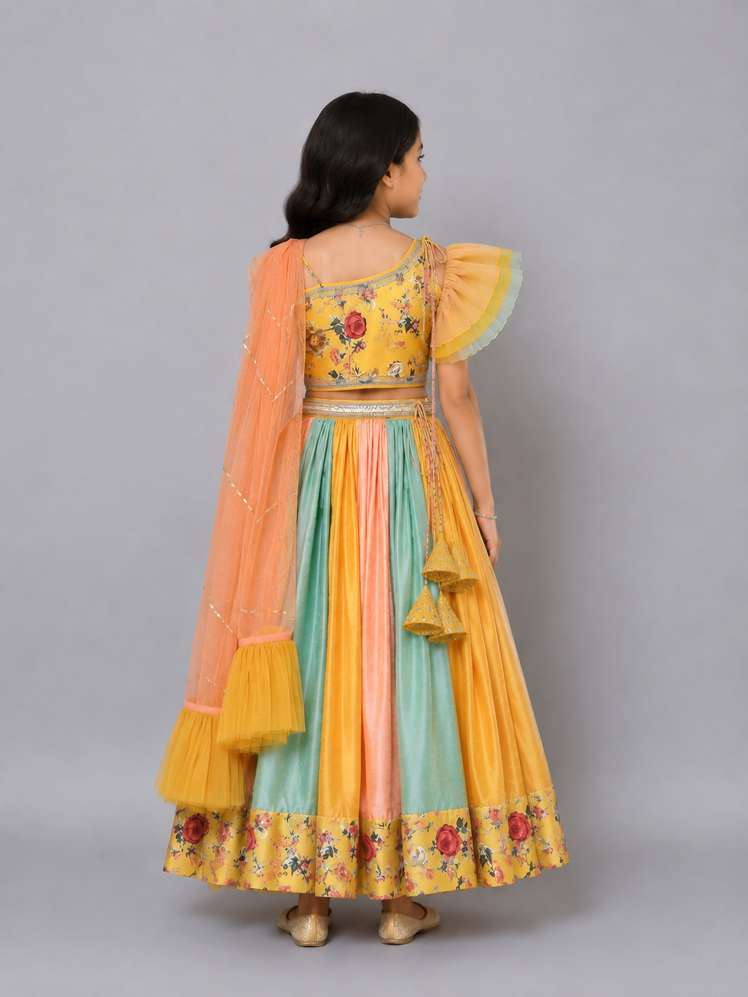 Yellow Floral Printed off Shoulder lehnga Set