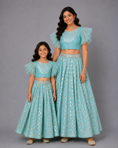 Blue ruffled Blouse with Cotton Zari Lehnga
