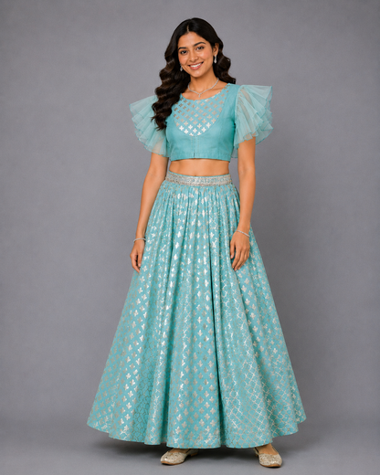 Blue ruffled Blouse with Cotton Zari Lehnga