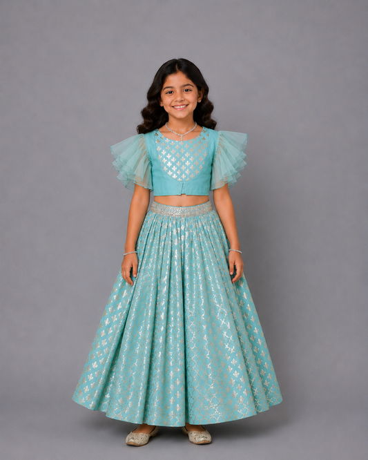 Blue ruffled Blouse with Cotton Zari Lehnga