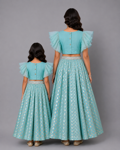Blue ruffled Blouse with Cotton Zari Lehnga