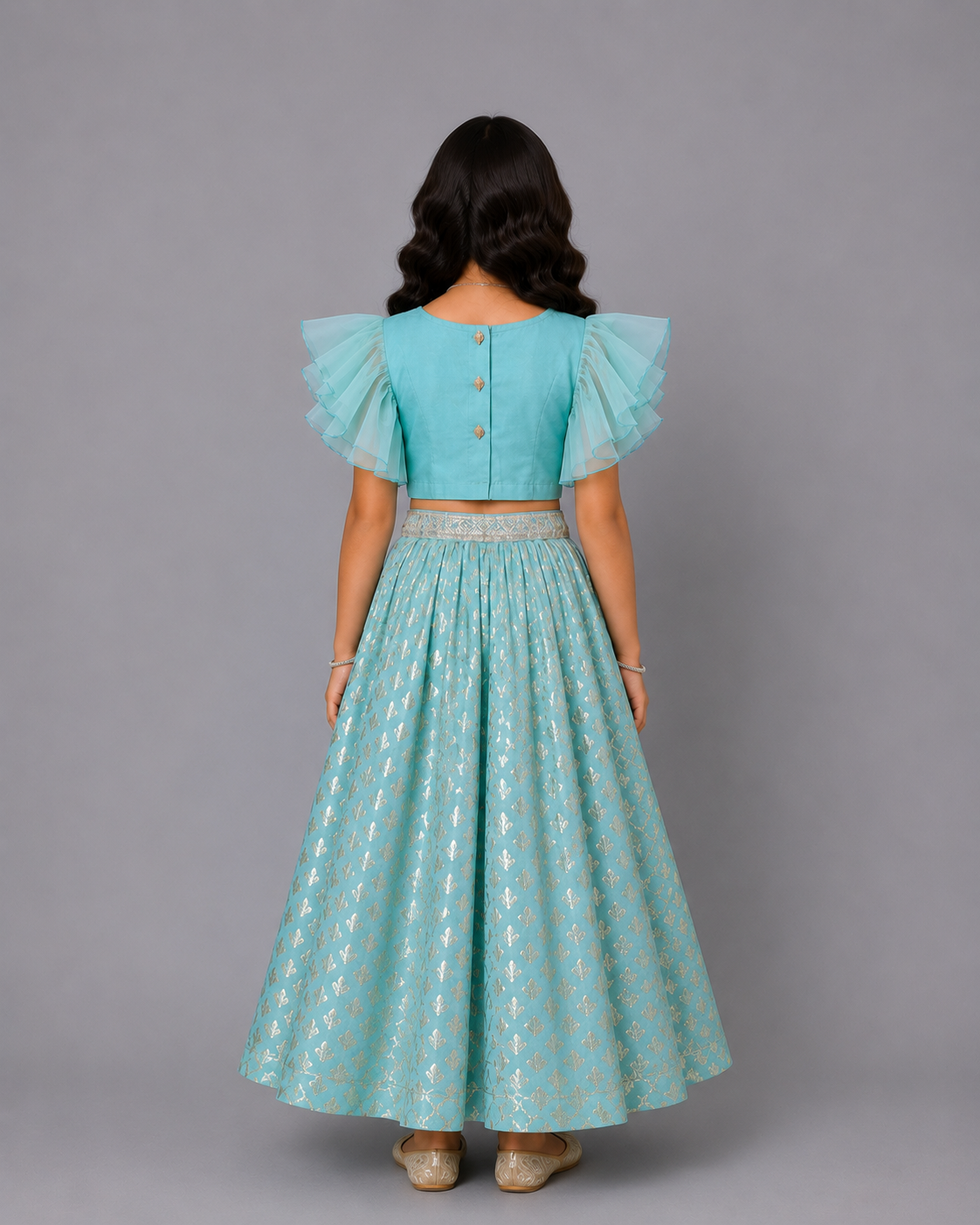 Blue ruffled Blouse with Cotton Zari Lehnga