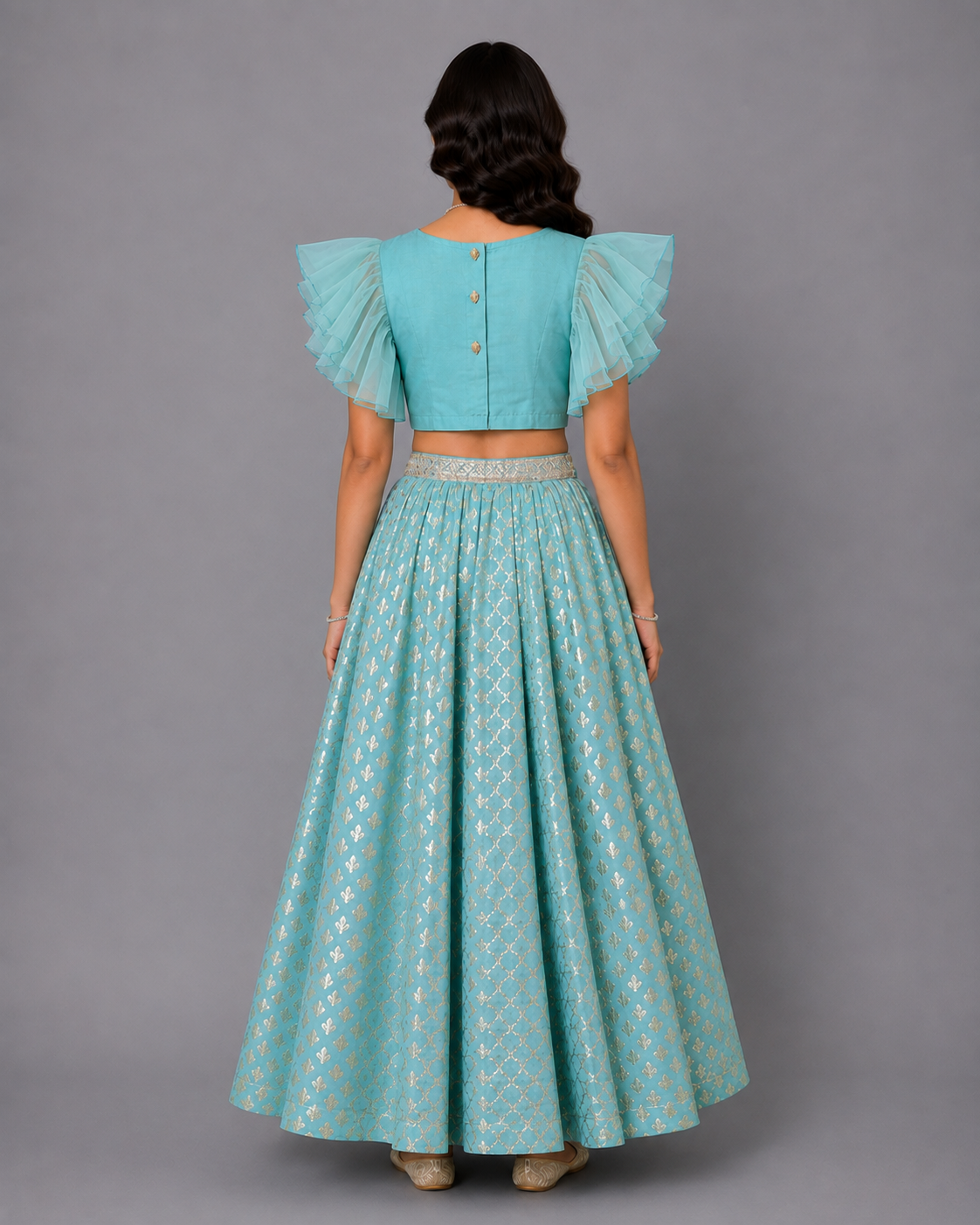 Blue ruffled Blouse with Cotton Zari Lehnga