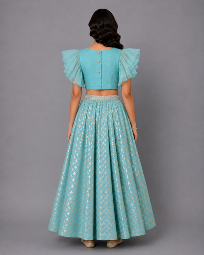 Blue ruffled Blouse with Cotton Zari Lehnga