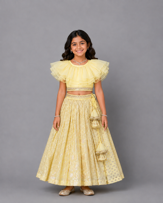 Lime Yellow Organza frill Chanderi lehnga set
