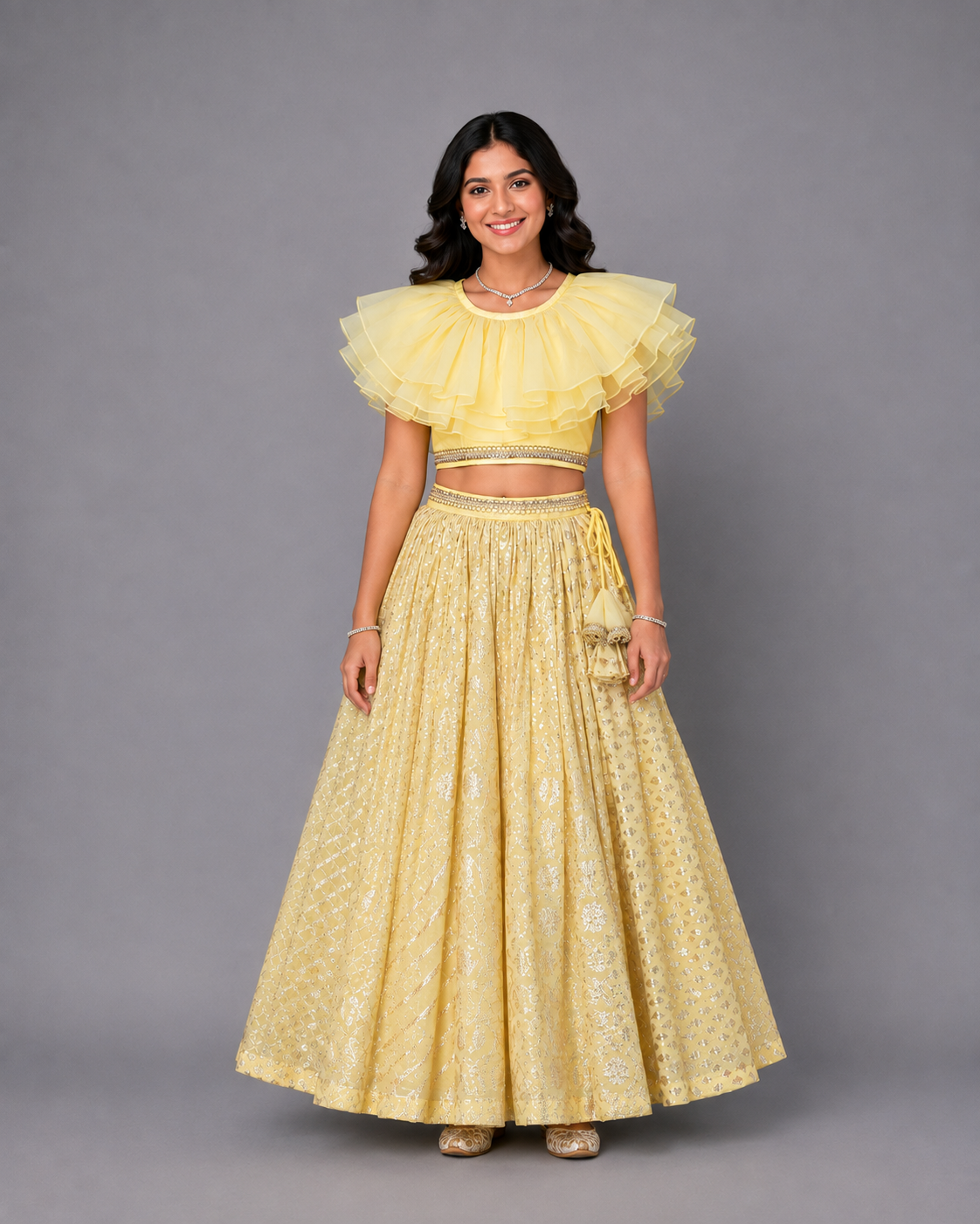 Lime Yellow Organza frill Chanderi lehnga set