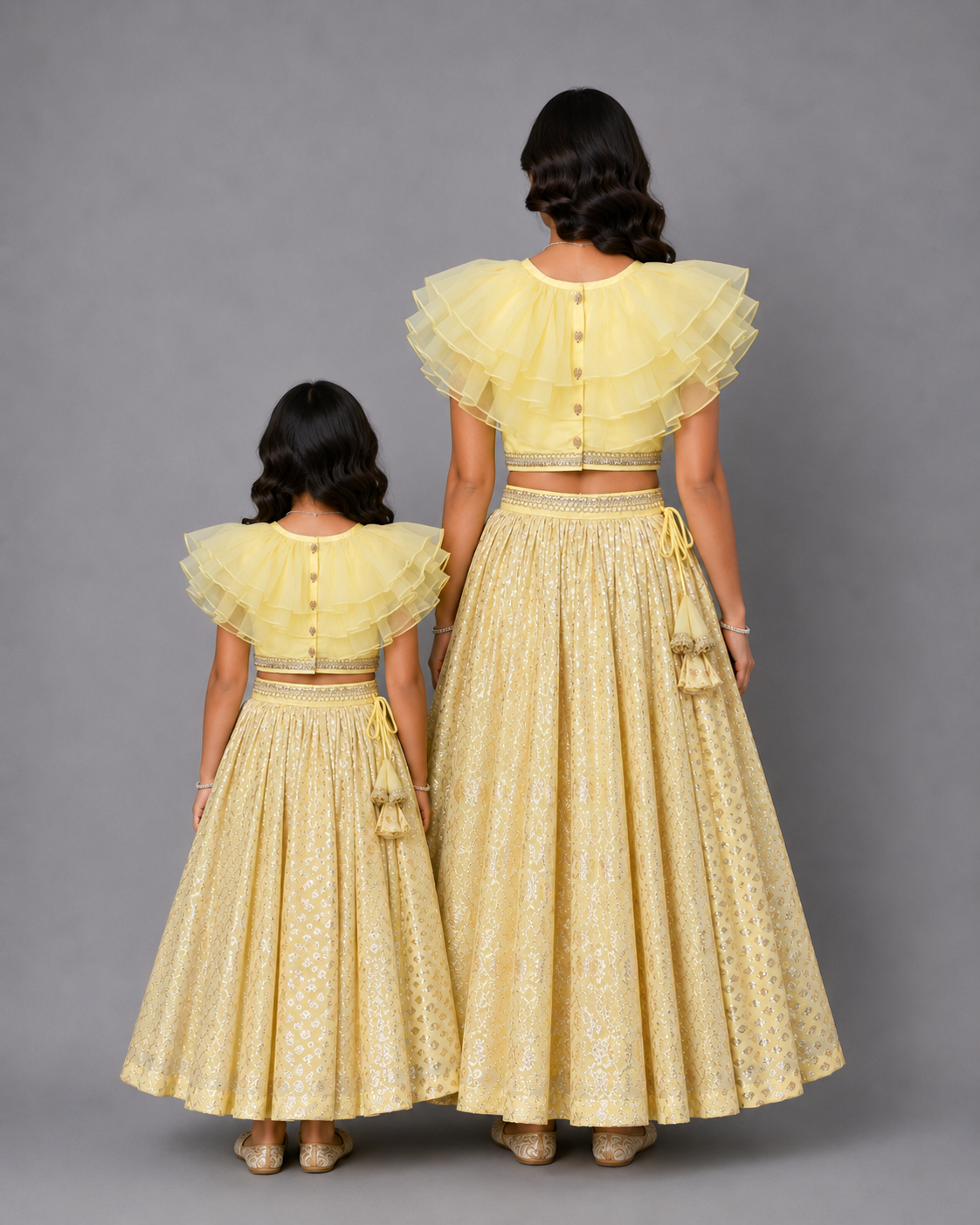 Lime Yellow Organza frill Chanderi lehnga set