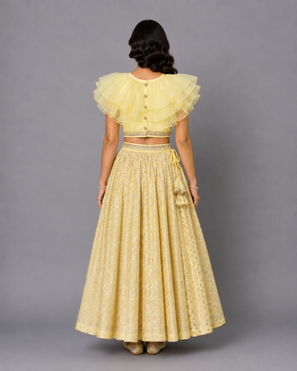 Lime Yellow Organza frill Chanderi lehnga set