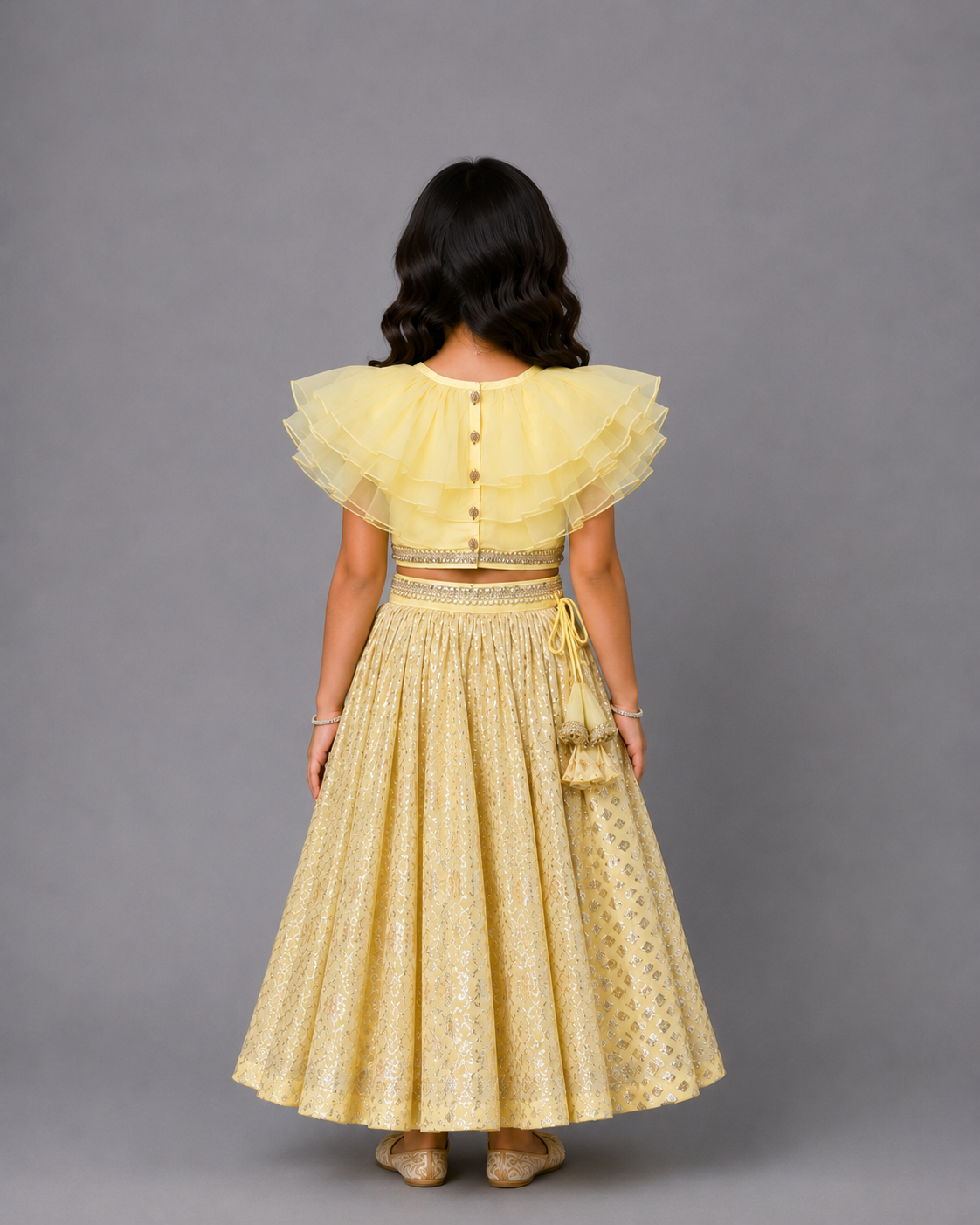 Lime Yellow Organza frill Chanderi lehnga set