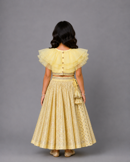 Lime Yellow Organza frill Chanderi lehnga set
