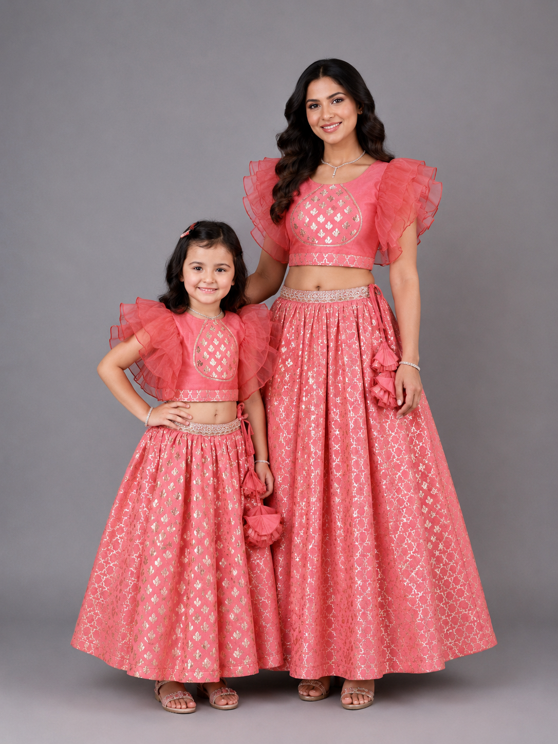 Coral Pink Ruffled Blouse with Cotton Zari Lehnga