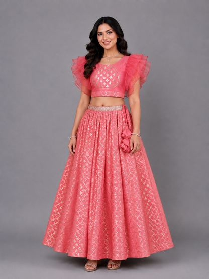 Coral Pink Ruffled Blouse with Cotton Zari Lehnga