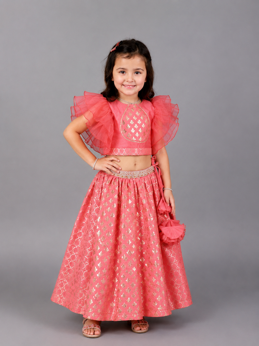 Coral Pink Ruffled Blouse with Cotton Zari Lehnga