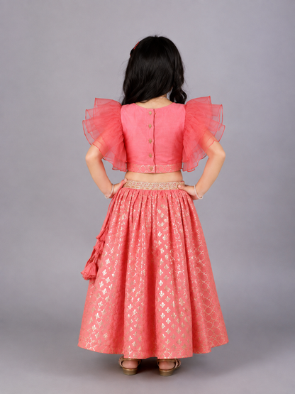 Coral Pink Ruffled Blouse with Cotton Zari Lehnga