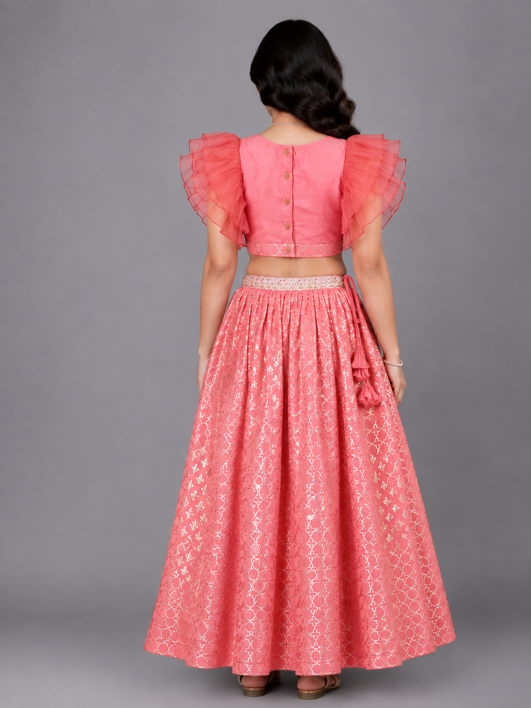 Coral Pink Ruffled Blouse with Cotton Zari Lehnga
