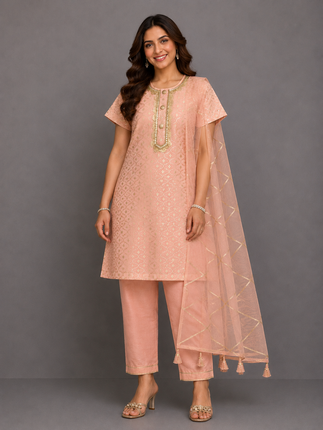 Peach Chanderi Kurta set