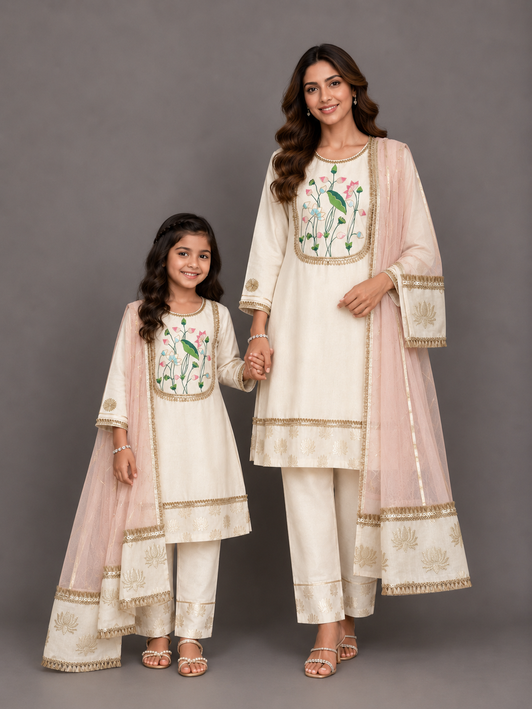 White Velvet Lotus Embroidery Kurta set