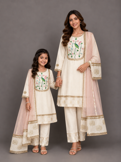 White Velvet Lotus Embroidery Kurta set