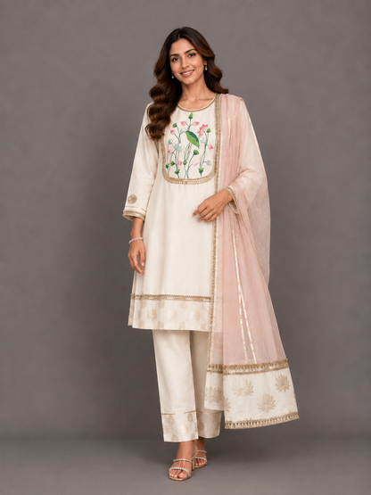 White Velvet Lotus Embroidery Kurta set