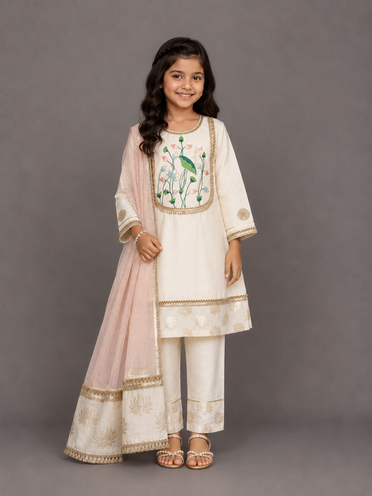 White Velvet Lotus Embroidery Kurta set