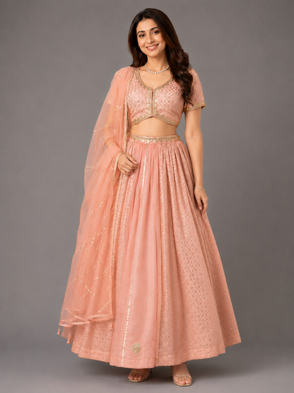 Peach Organza Lehnga Set