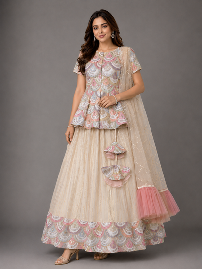 Off white Peplum Scallop Embroidery lehnga set