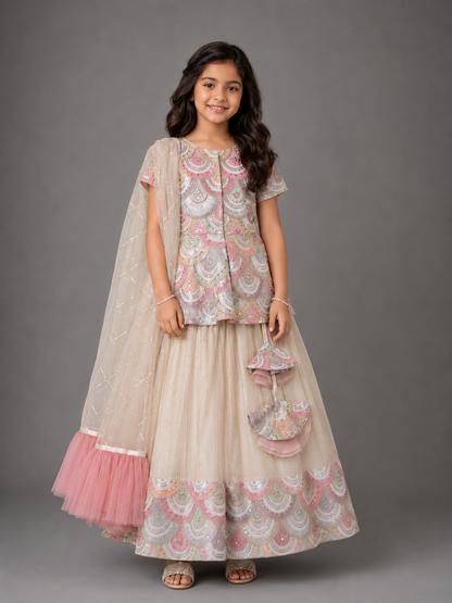 Off white Peplum Scallop Embroidery lehnga set