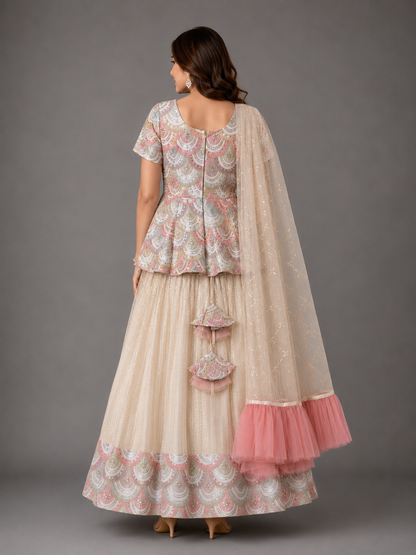 Off white Peplum Scallop Embroidery lehnga set