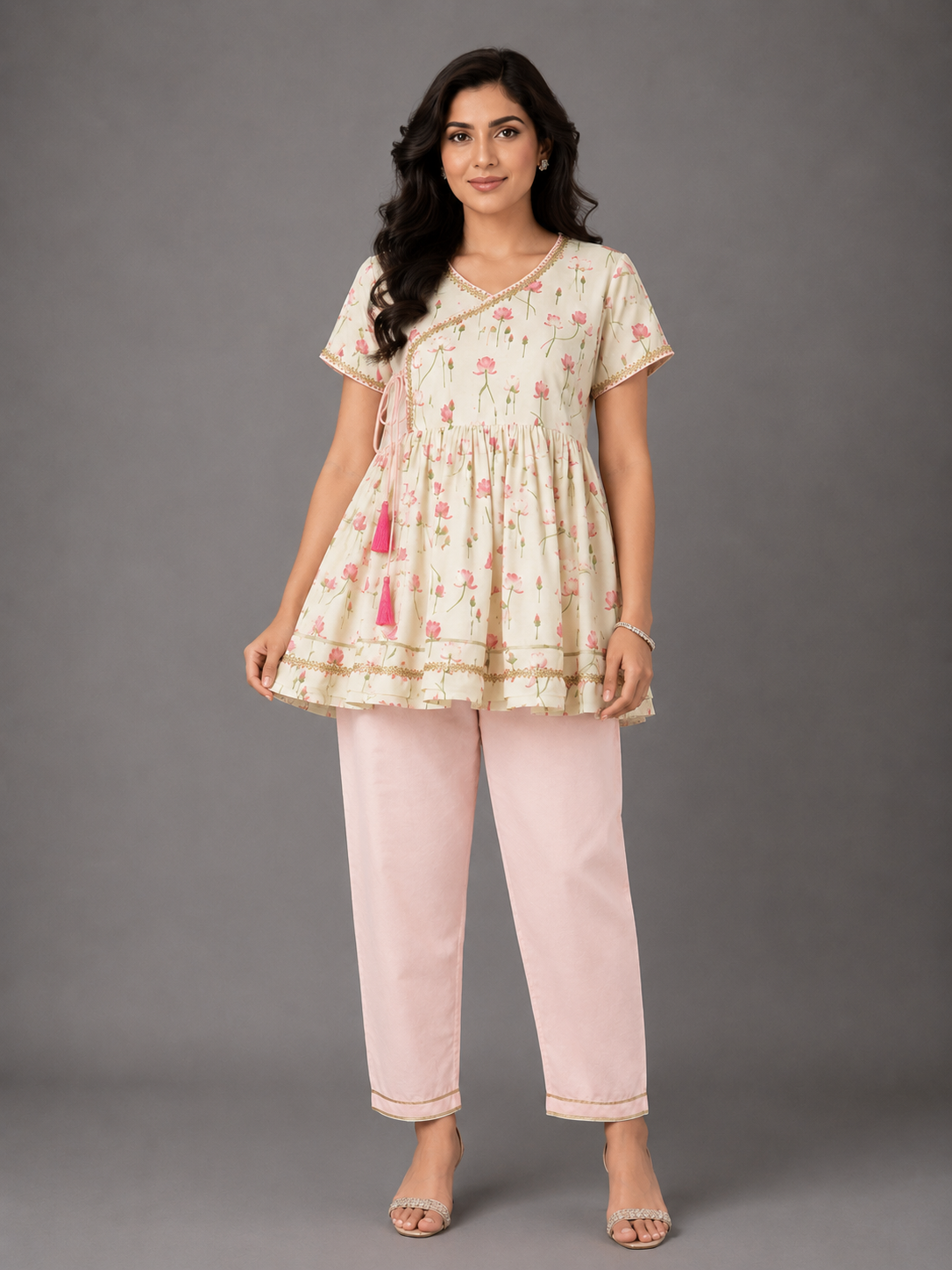 Off White Lotus Print Angrakha Set
